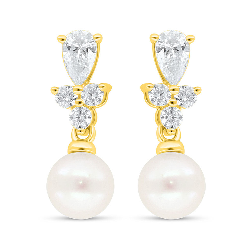 اقراط من الفضة الخالصة عيار 925 مطلي ذهبي مرصع لولو طبيعي ابيض و فص ابيض