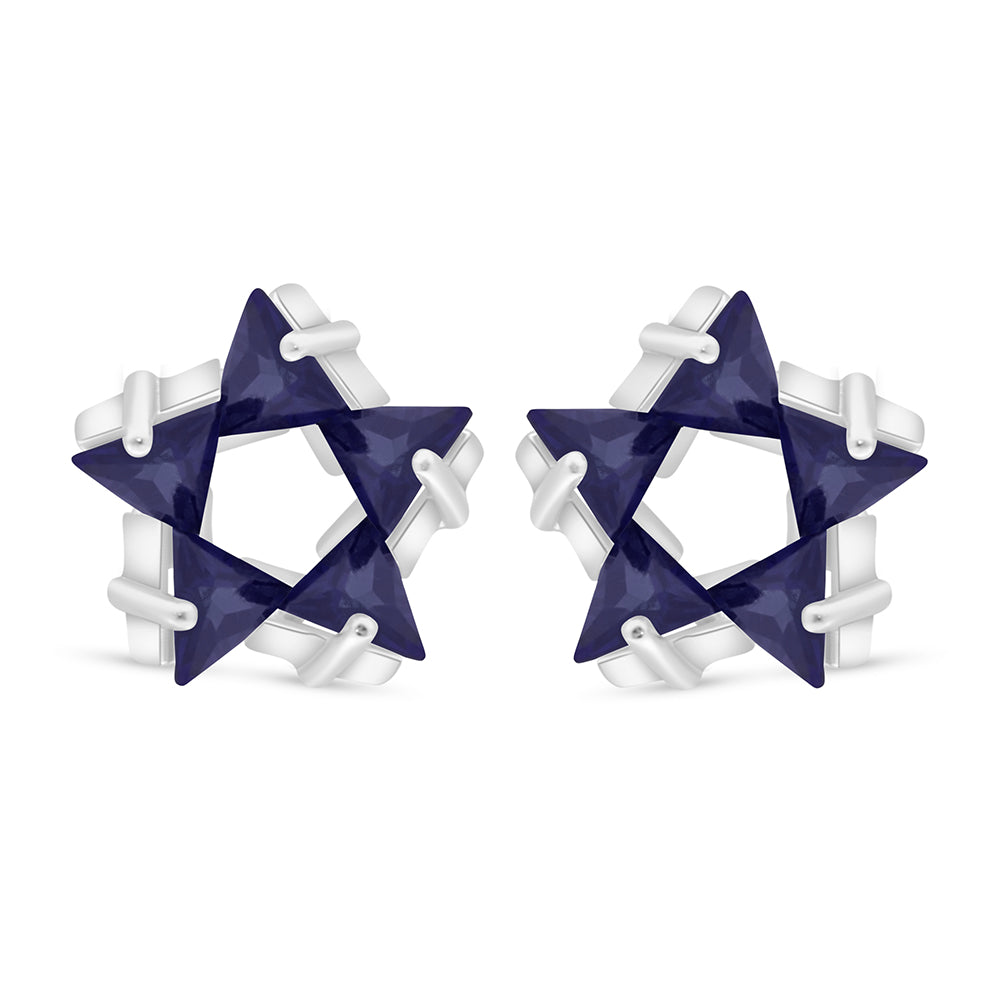 Sterling Silver 925 Earring Rhodium Plated Embedded With Sapphire Corundum