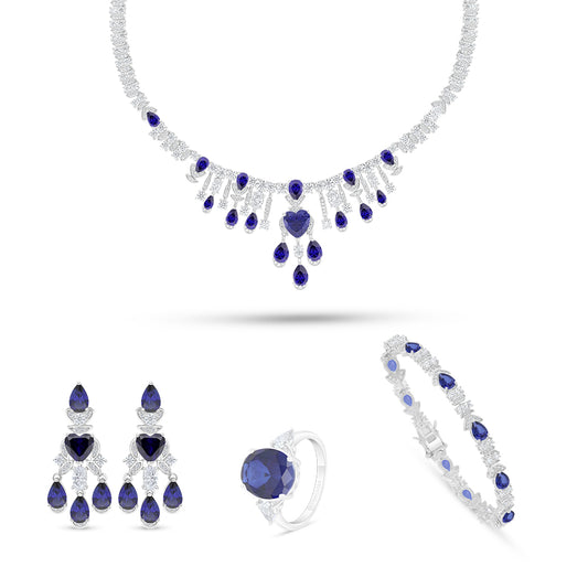 Sterling Silver 925 SET Rhodium Plated Embedded With Sapphire Corundum And White Zircon