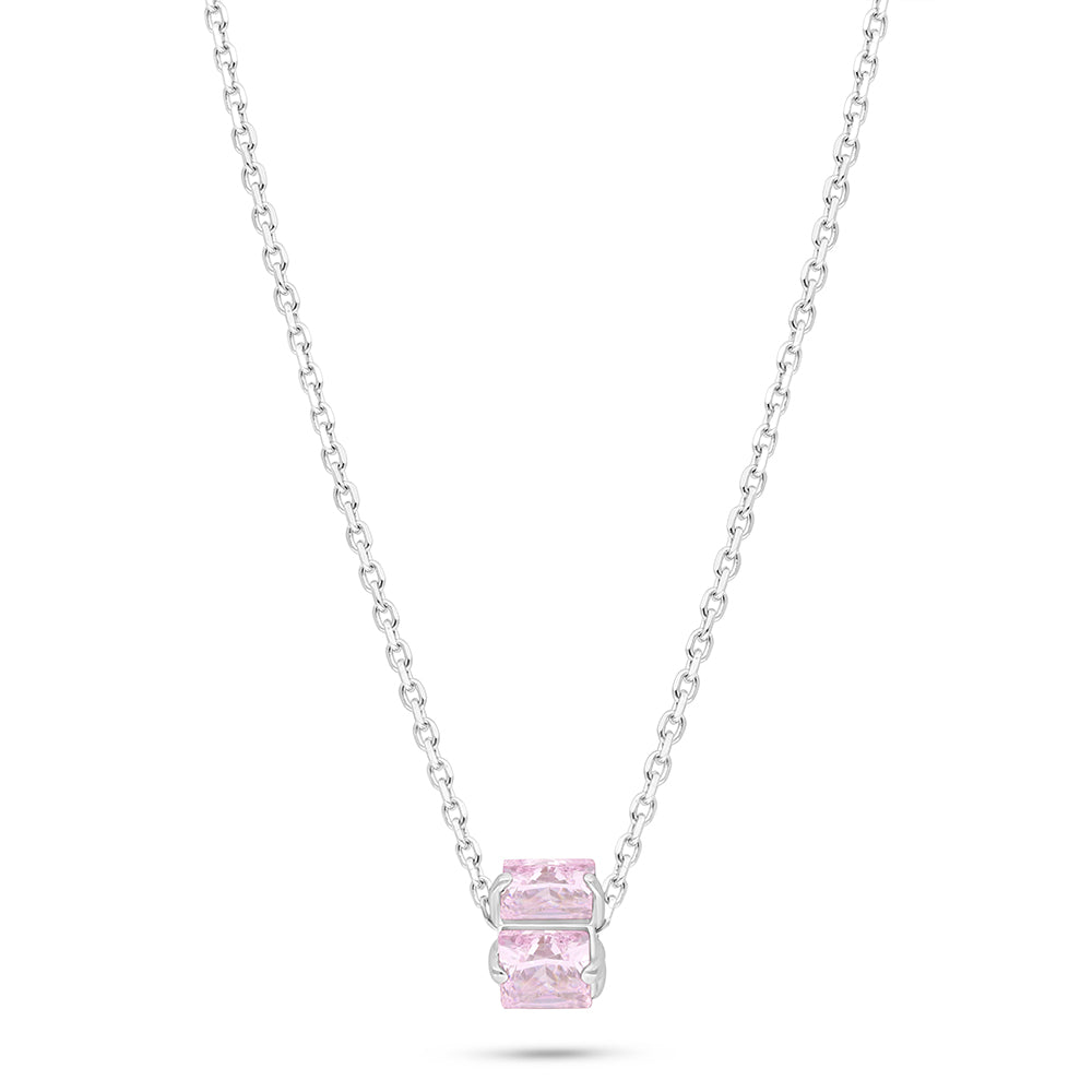 Sterling Silver 925 Necklace Rhodium Plated Embedded With Pink Zircon
