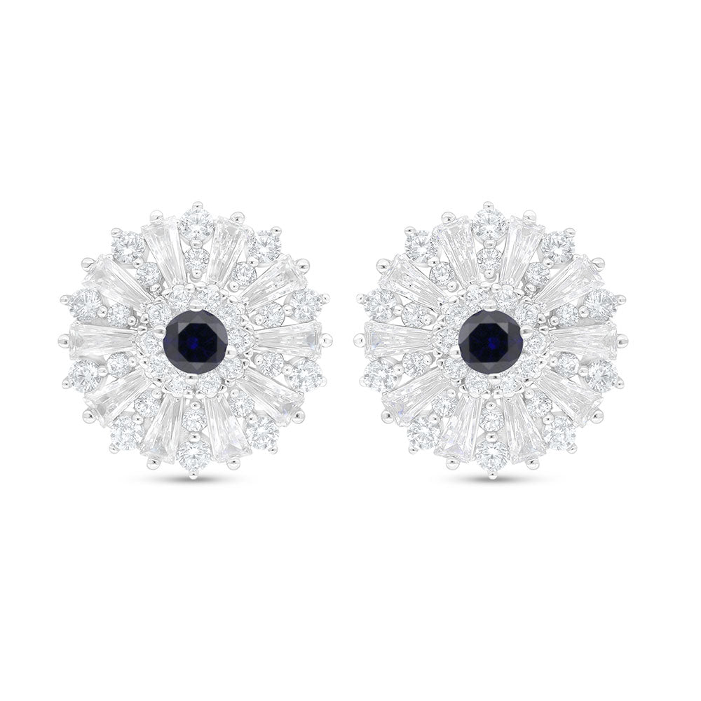 Sterling Silver 925 Earring Rhodium Plated Embedded With Sapphire Corundum And White Zircon