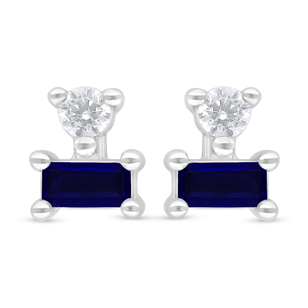 Sterling Silver 925 Earring Rhodium Plated Embedded With Sapphire Corundum And White Zircon