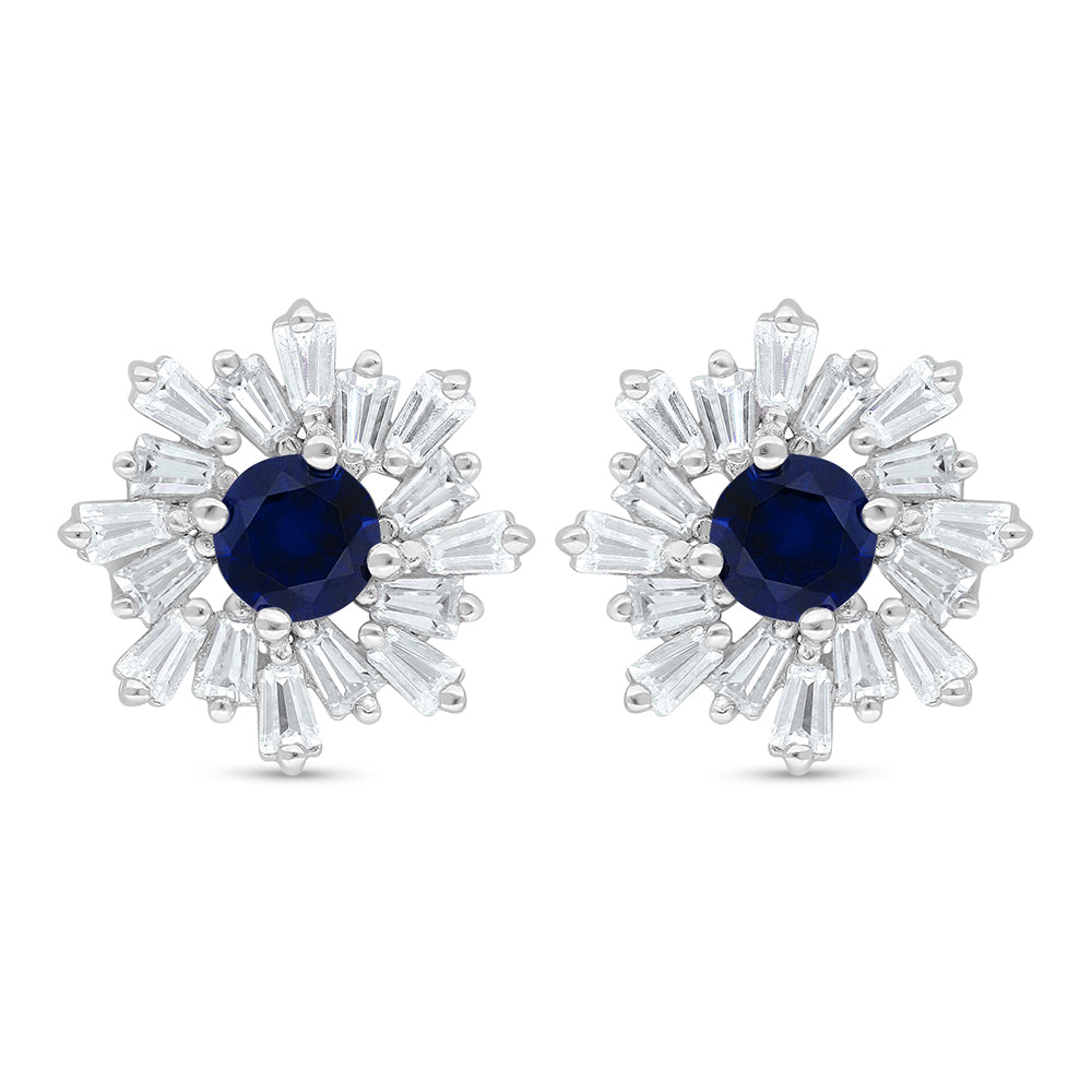 Sterling Silver 925 Earring Rhodium Plated Embedded With Sapphire Corundum And White Zircon