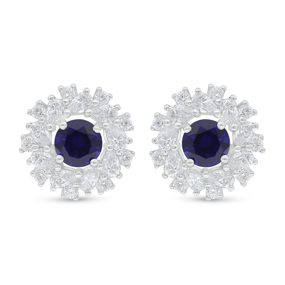 Sterling Silver 925 Earring Rhodium Plated Embedded With Sapphire Corundum And White Zircon