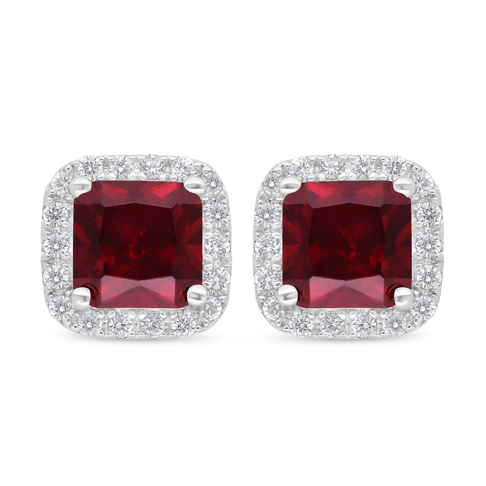 Sterling Silver 925 Earring Rhodium Plated Embedded With Ruby Corundum And White Zircon