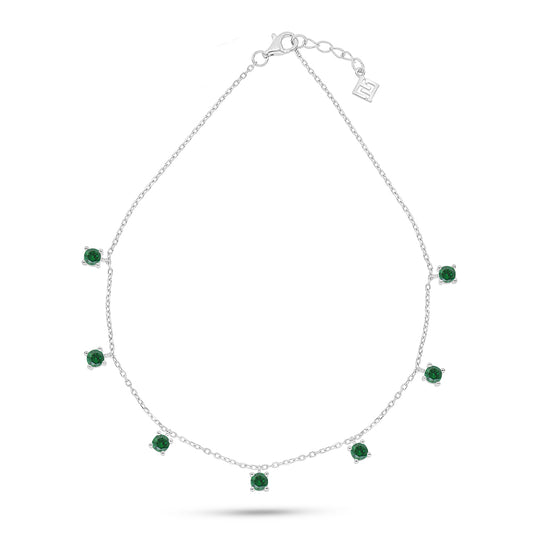 Sterling Silver 925 Anklet Rhodium Plated Embedded With Emerald Zircon