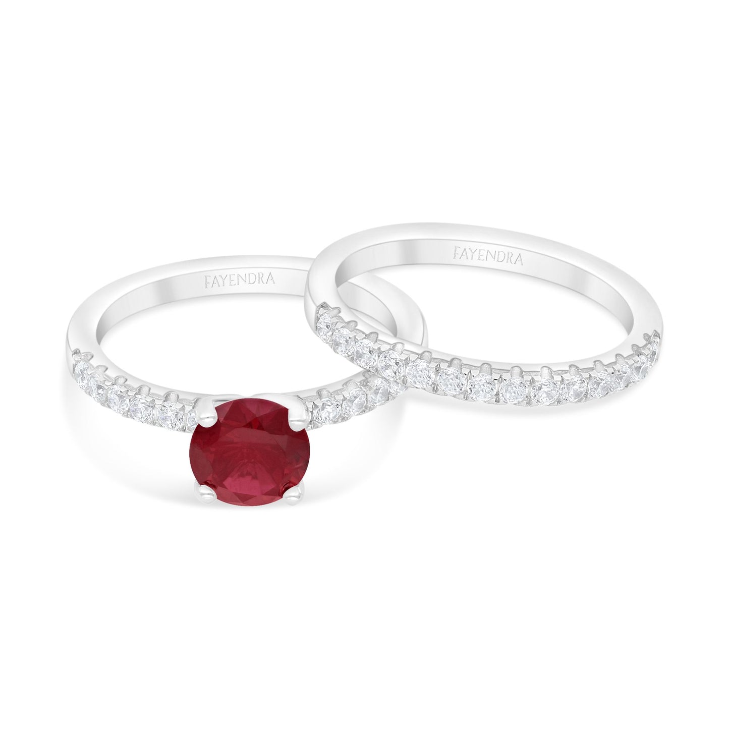 Sterling Silver 925 Ring (Twins) Rhodium Plated Embedded With Ruby Corundum And White Zircon