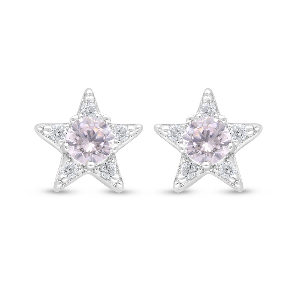 Sterling Silver 925 Earring Rhodium Plated Embedded With Pink Zircon And White Zircon