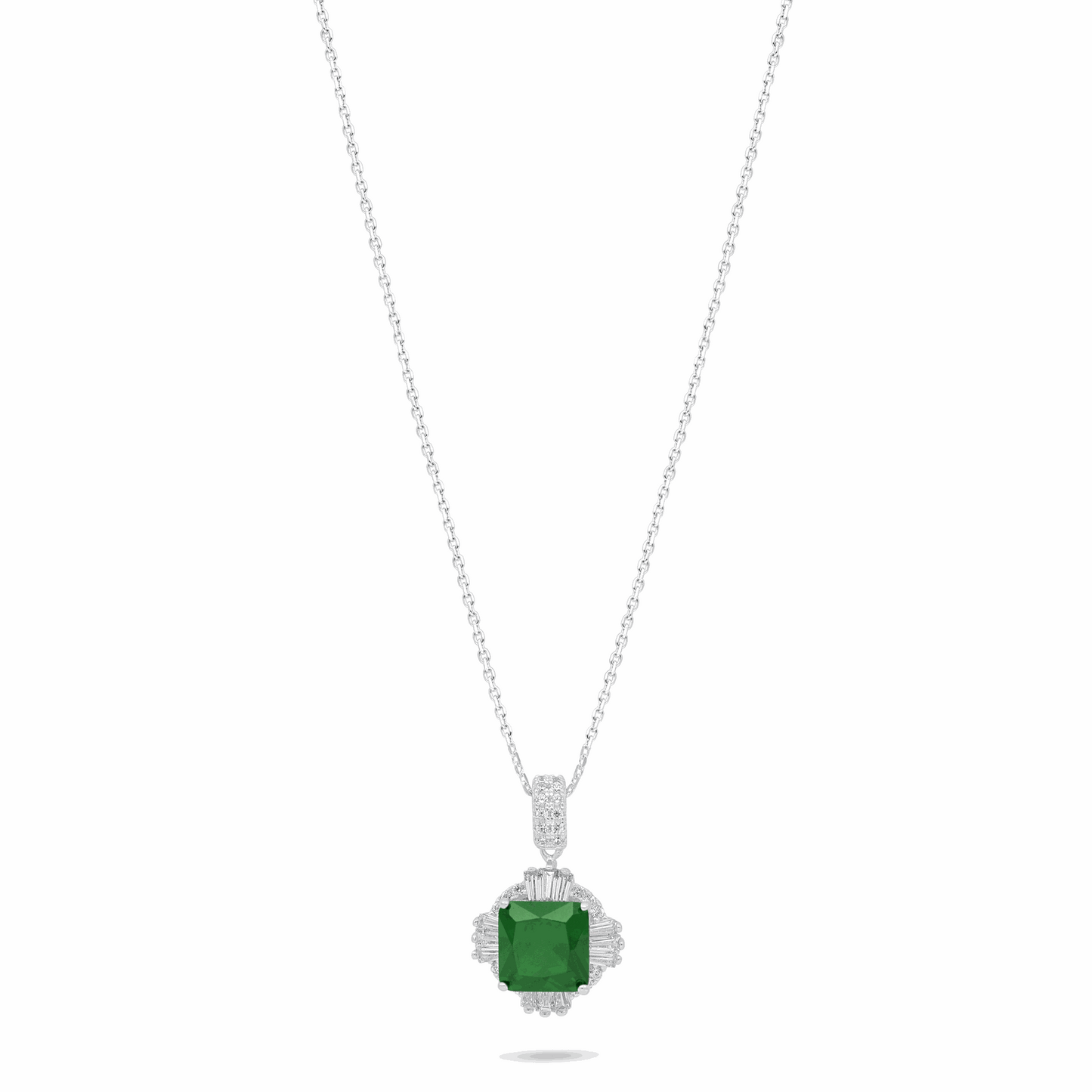 Sterling Silver 925 Necklace Rhodium Plated Embedded With Emerald Zircon And White Zircon