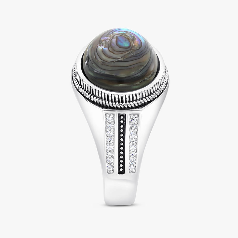 Sterling Silver 925 Ring Rhodium And Black Plated Embedded With Blue Shell For Men And White CZ
