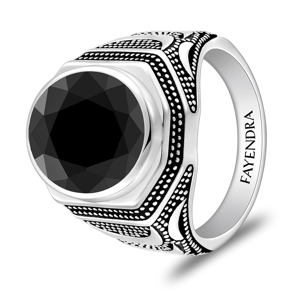 خاتم رجالي من الفضة الخالصة عيار 925 مطلي روديوم و اسود مرصع احجار اونكس سبينل