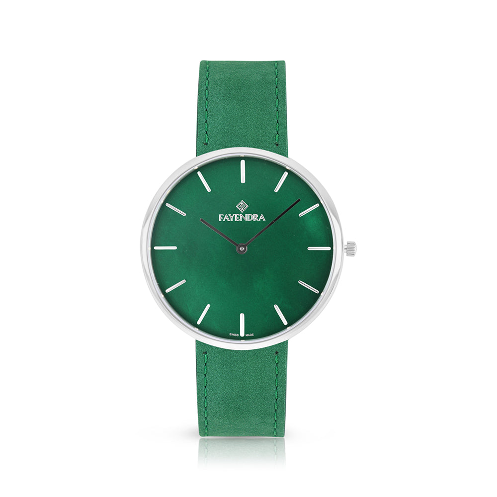 Stainless Steel 316 Watch Silver Color Embedded With Green Leather For Men - GREEN MOP DIAL