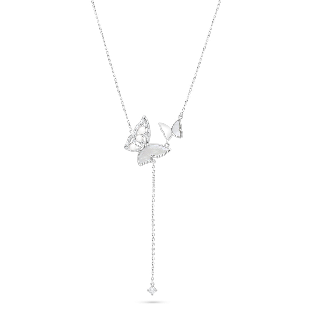 Sterling Silver 925 Necklace Rhodium Plated Embedded With Natural White Pearl And White Shell