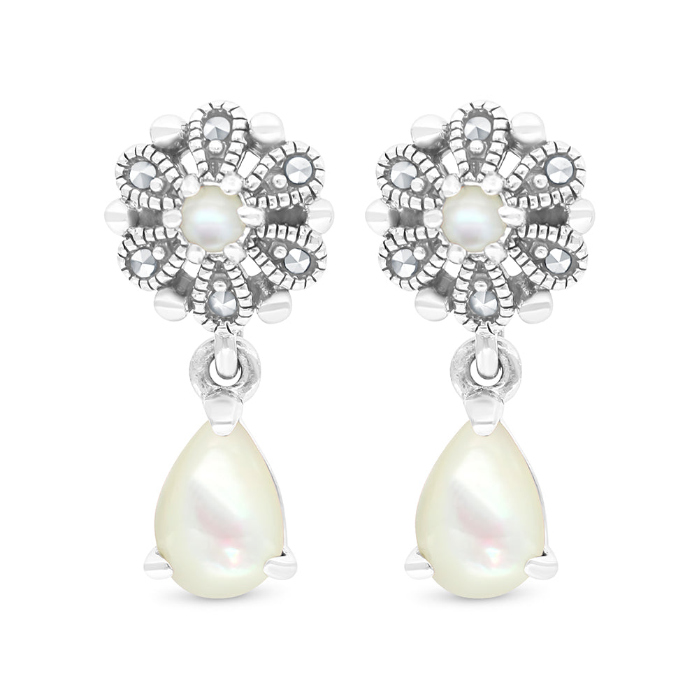 Sterling Silver 925 Set Embedded With Natural White Shell And Marcasite Stones