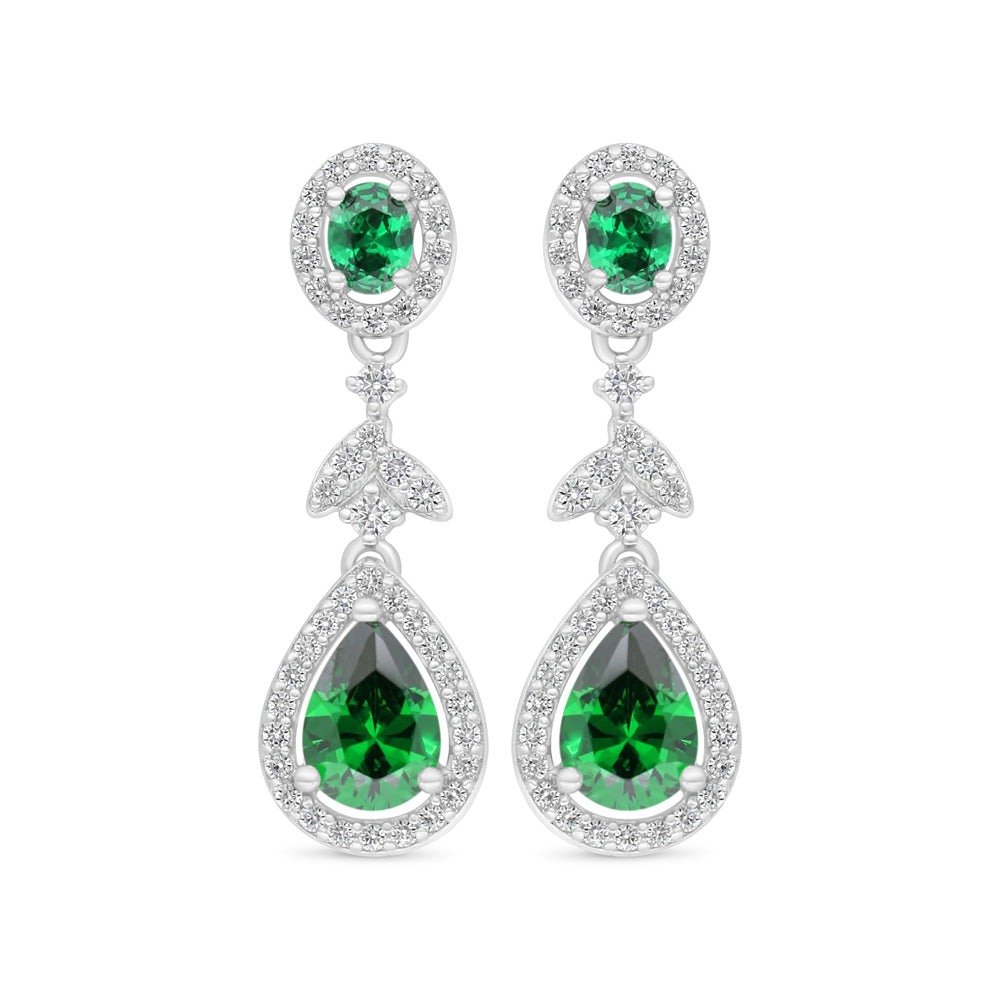 Sterling Silver 925 Earring Rhodium Plated Embedded With Emerald Zircon And White Zircon
