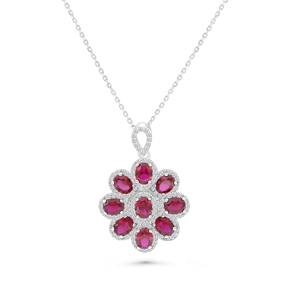 Sterling Silver 925 Necklace Rhodium Plated Embedded With Ruby Corundum And White CZ