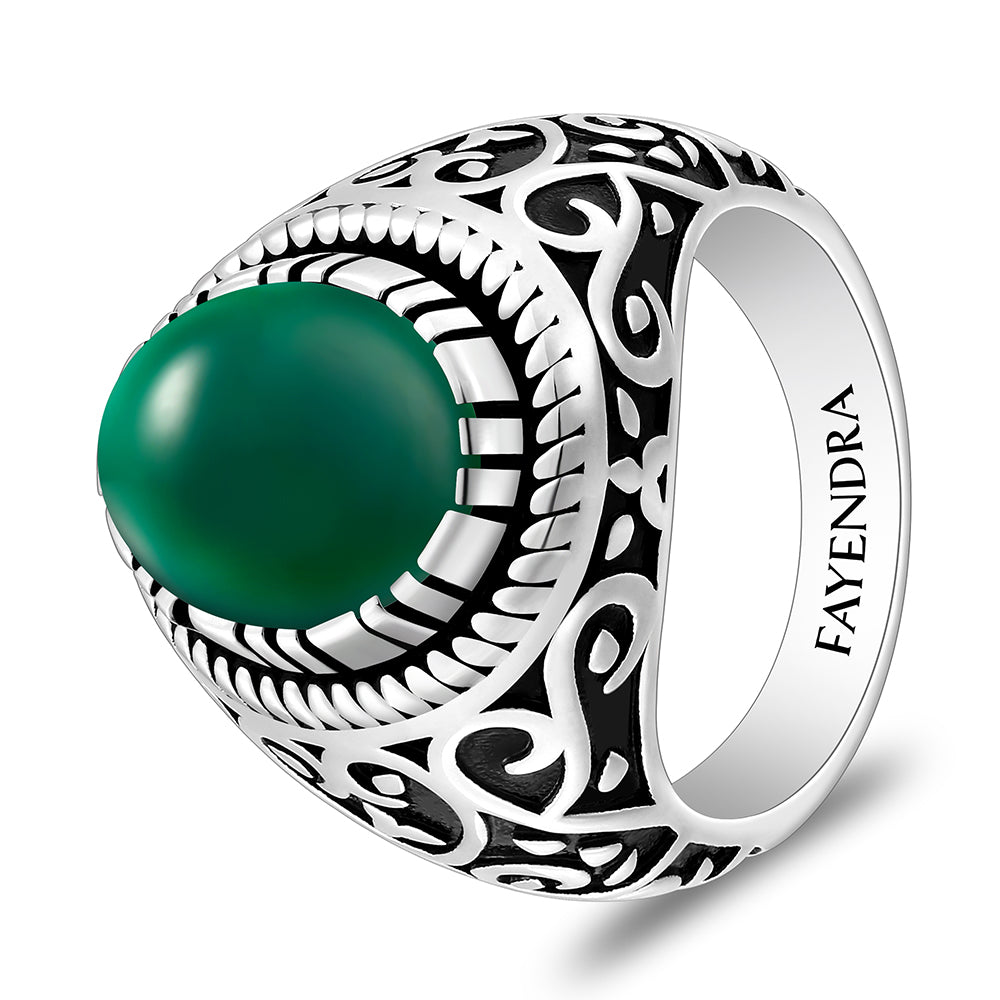 خاتم رجالي من الفضة الخالصة عيار 925 مطلي روديوم و اسود مرصع احجار عقيق جاد اخضر كابشون