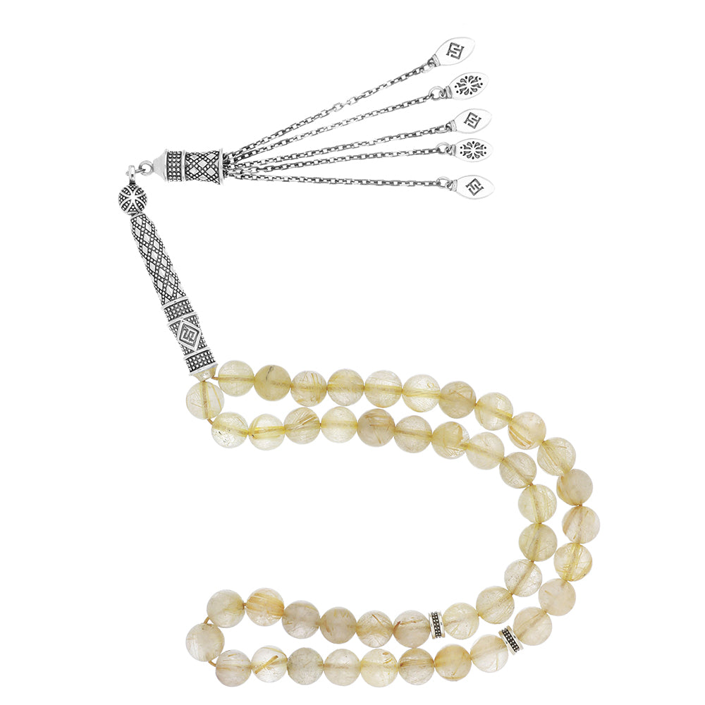 Natural Rutile Bead Rosary – 33 Handmade Beads with Silver Accents, beautiful design for meditation and prayer.