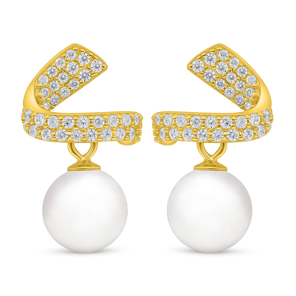 Sterling Silver 925 Earring Golden Plated Embedded With Natural White Pearl And White Zircon