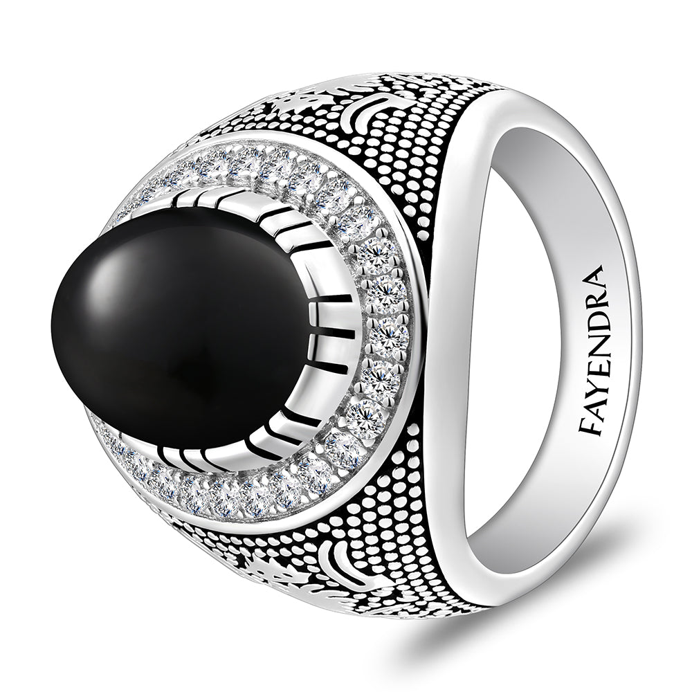 Sterling Silver 925 Ring Rhodium And Black Plated Embedded With Natural black agate Cabochon And White Zircon For Men