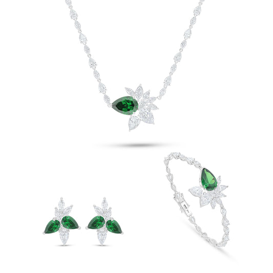 Sterling Silver 925 SET Rhodium Plated Embedded With Emerald Zircon And White Zircon