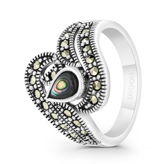 Sterling Silver 925 Ring Embedded With Natural Blue Shell And Marcasite Stones