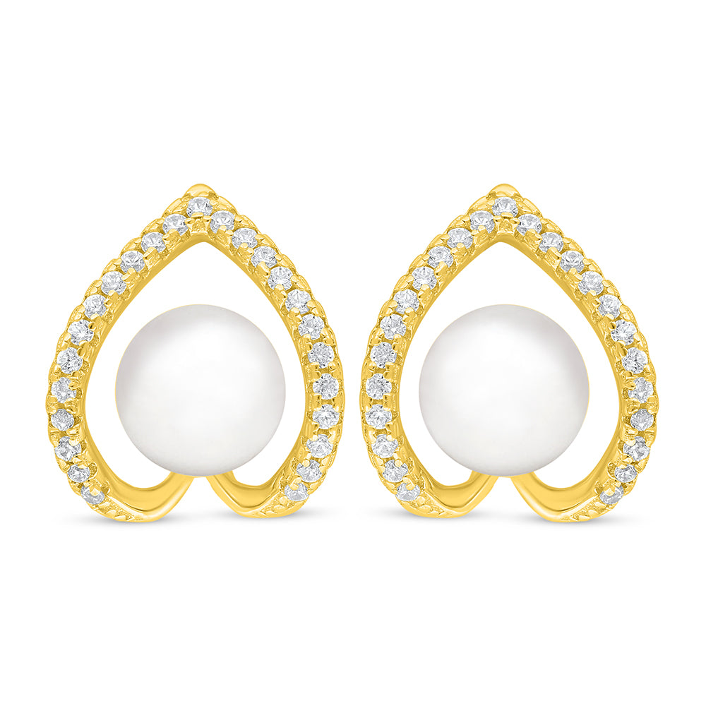 اقراط من الفضة الخالصة عيار 925 مطلية ذهبي مرصعة لولو ابيض طبيعي و فص ابيض