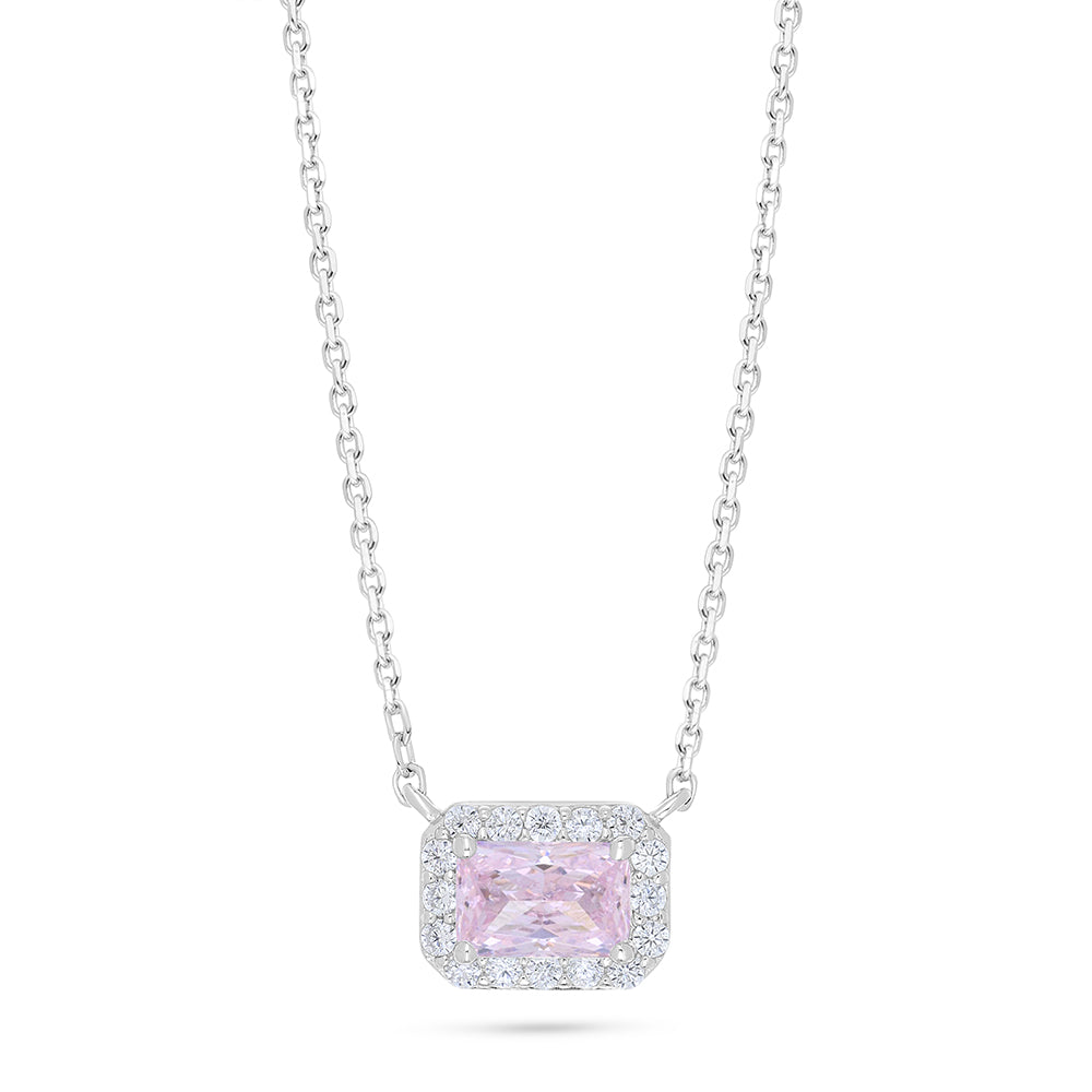 Sterling Silver 925 Necklace Rhodium Plated Embedded With Pink Zircon And White Zircon