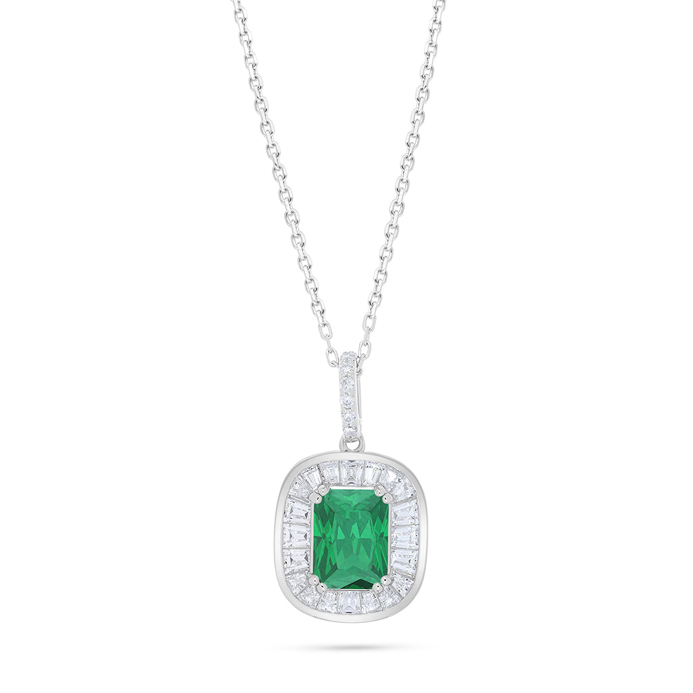 Sterling Silver 925 Necklace Rhodium Plated Embedded With Emerald Zircon And White Zircon