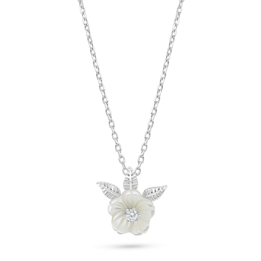 Sterling Silver 925 Necklace Rhodium Plated Embedded With White Shell And White Zircon