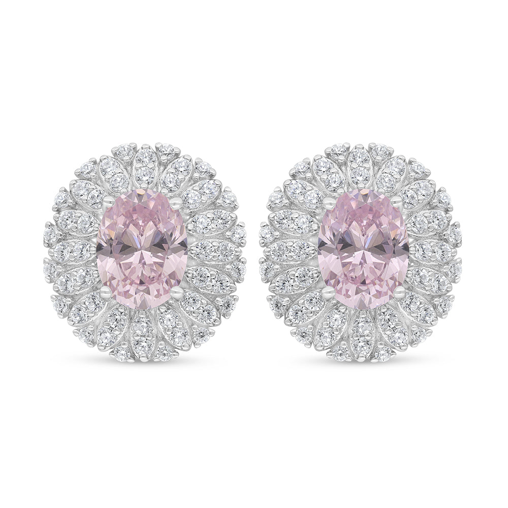 Sterling Silver 925 Earring Rhodium Plated Embedded With Pink Zircon And White Zircon
