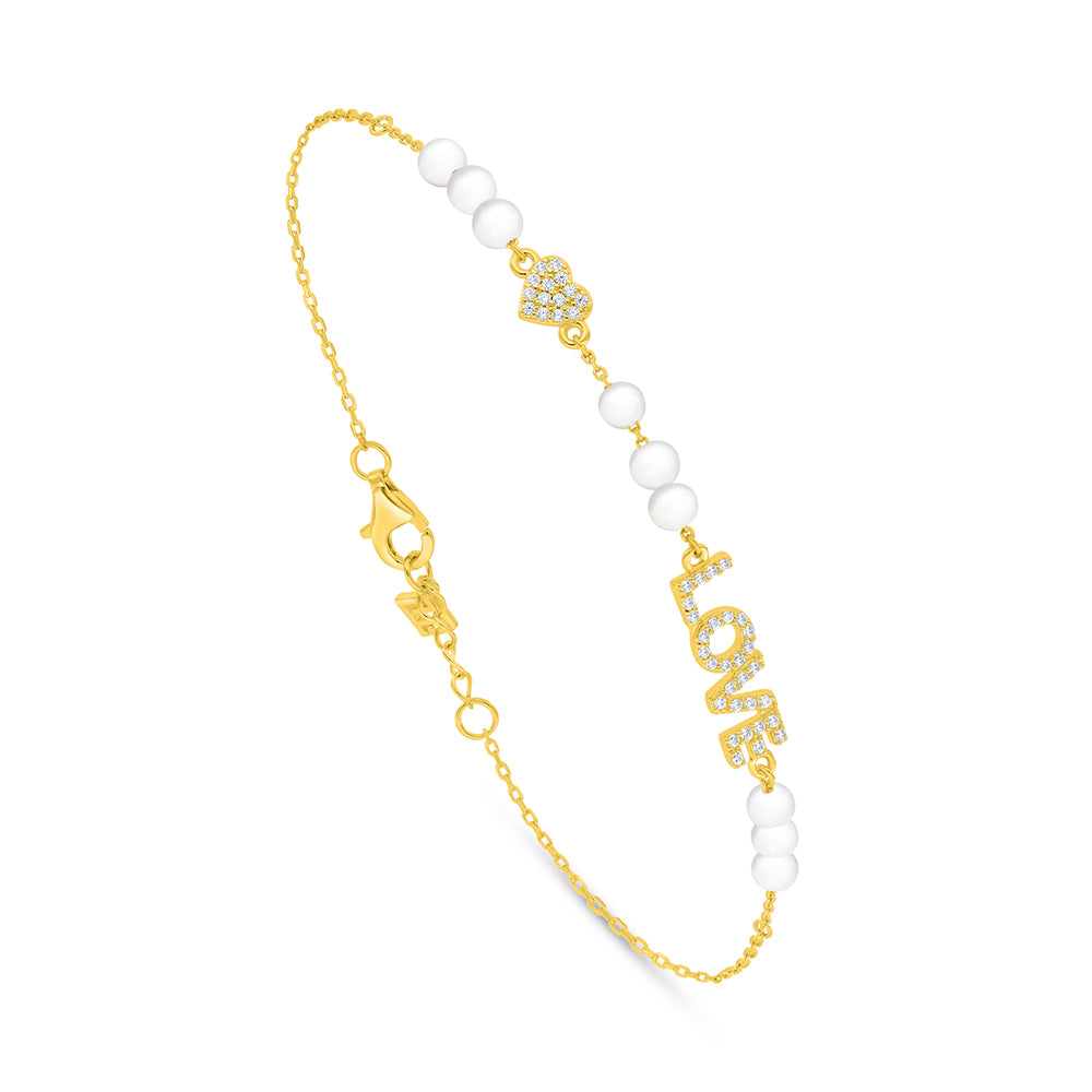 Sterling Silver 925 Bracelet Golden Plated Embedded With Natural White Pearl And White Zircon