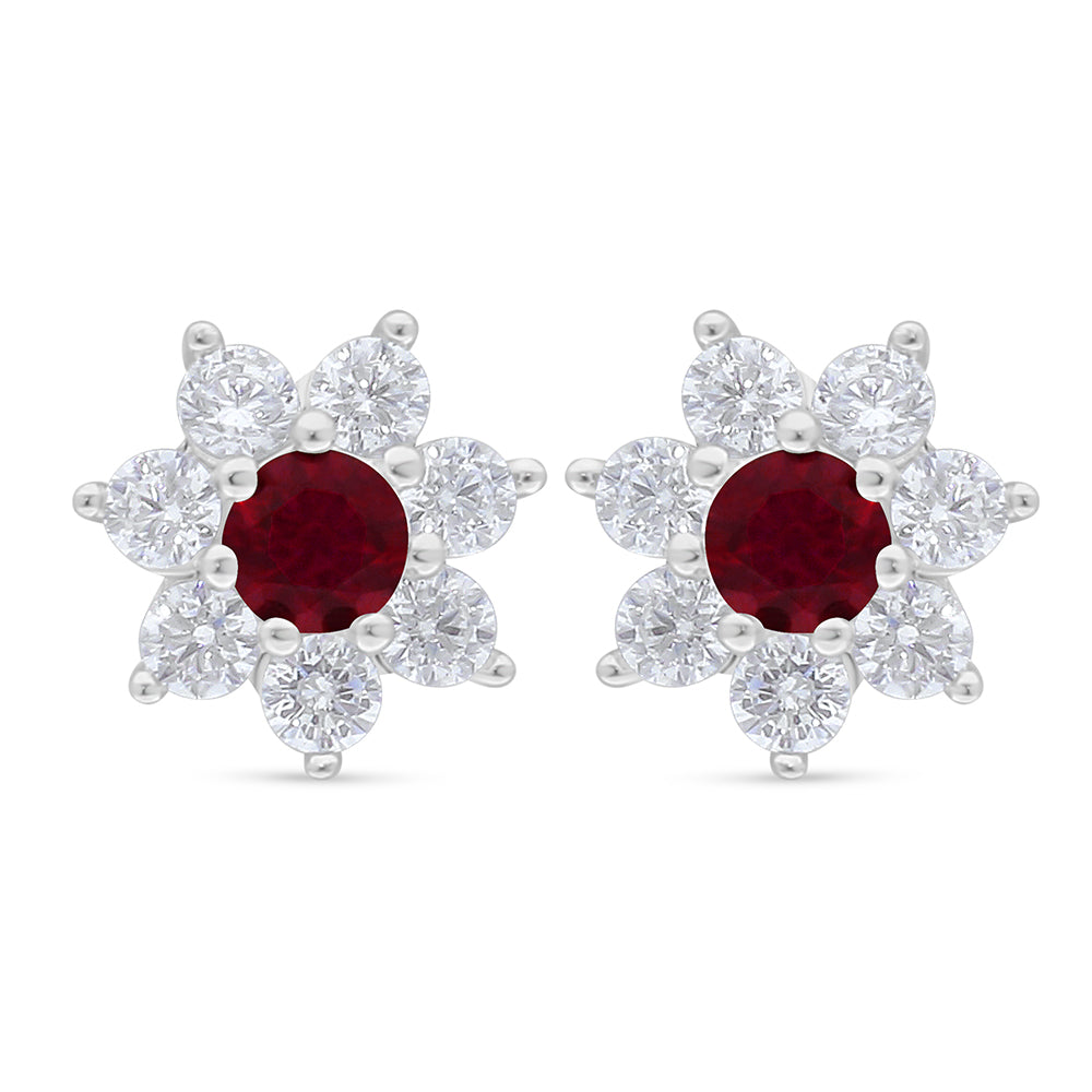 Sterling Silver 925 Earring Rhodium Plated Embedded With Ruby Corundum And White Zircon