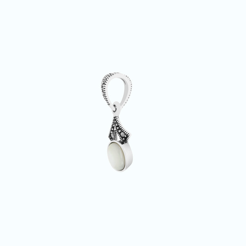 Sterling Silver 925 Pendant Embedded With Natural White Shell And Marcasite Stones