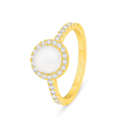 Sterling Silver 925 Ring Golden Plated Embedded With White Shell Pearl And White CZ