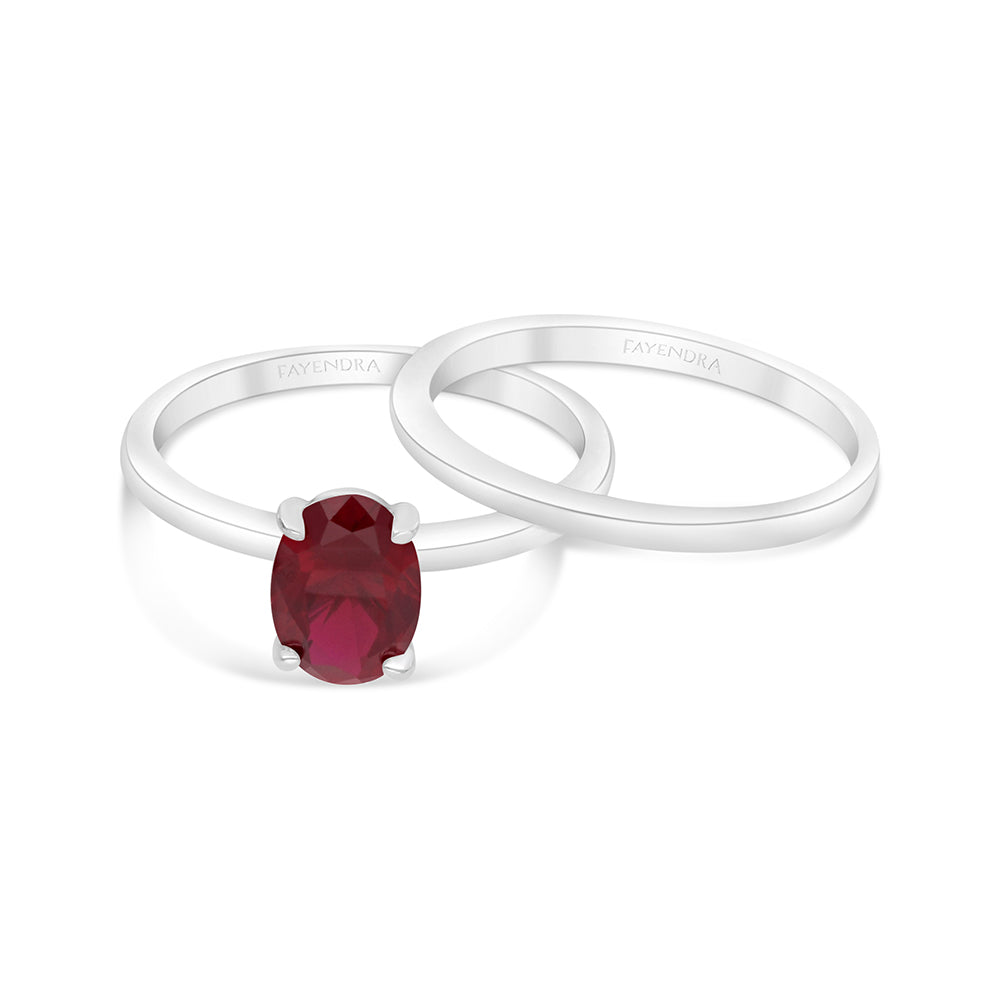 Sterling Silver 925 Ring (Twins) Rhodium Plated Embedded With Ruby Corundum