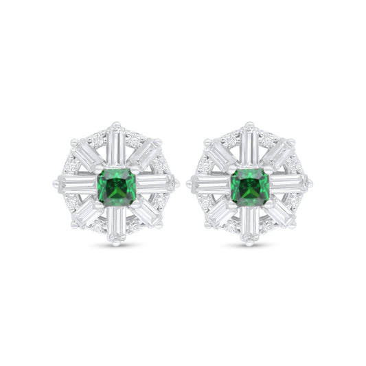Sterling Silver 925 Earring Rhodium Plated Embedded With Emerald Zircon And White Zircon
