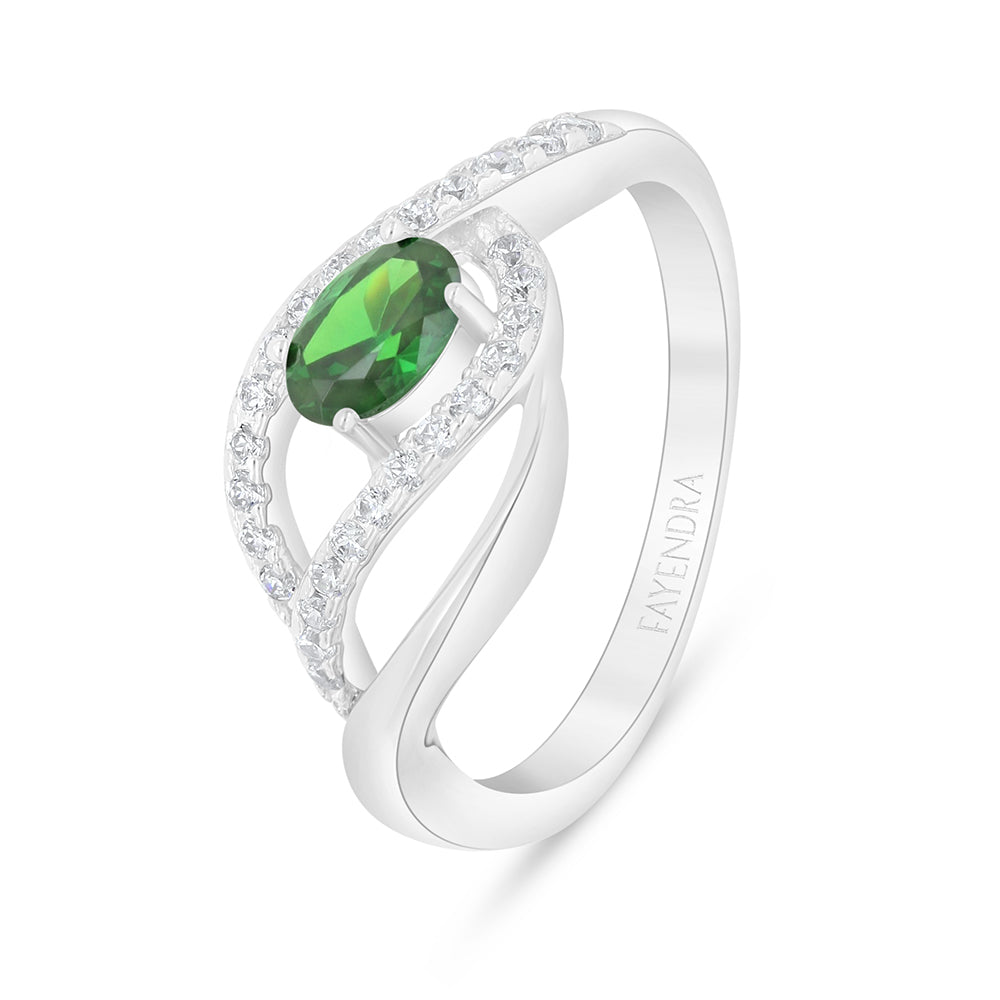 Sterling Silver 925 Ring Rhodium Plated Embedded With Emerald Zircon And White Zircon