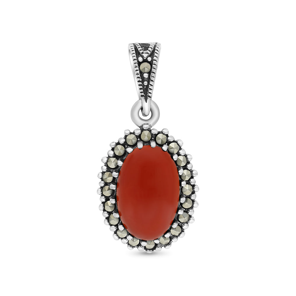 Sterling Silver 925 Pendant Embedded With Natural Aqiq And Marcasite Stones