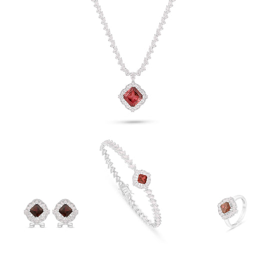 طقم من الفضة الخالصة عيار 925 مطلي روديوم و احجار ياقوت كروندوم و فص ابيض