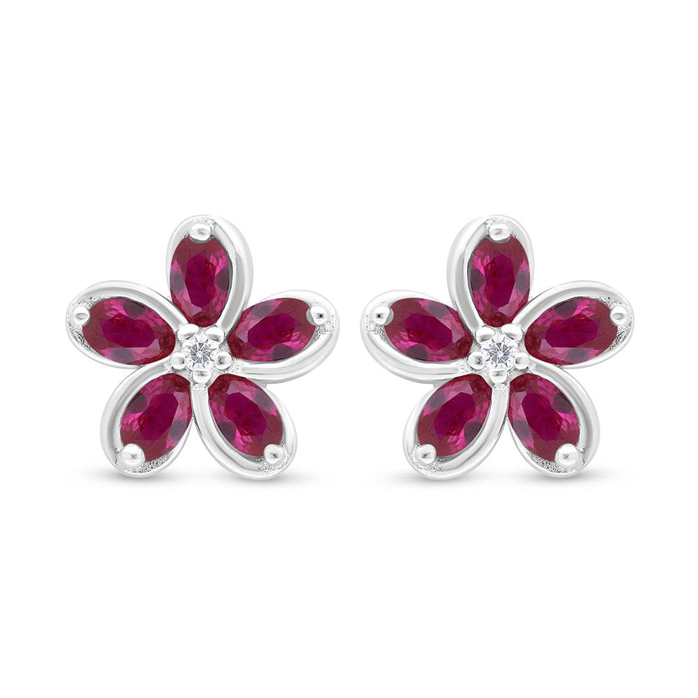 Sterling Silver 925 Earring Rhodium Plated Embedded With Ruby Corundum And White Zircon