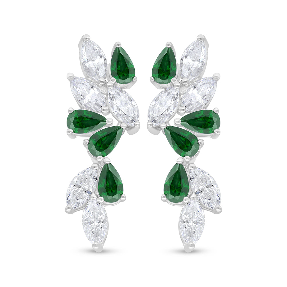 Sterling Silver 925 Earring Rhodium Plated Embedded With Emerald Zircon And White Zircon
