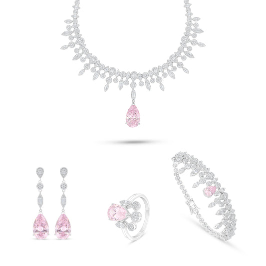 Sterling Silver 925 SET Rhodium Plated Embedded With Pink Zircon And White Zircon
