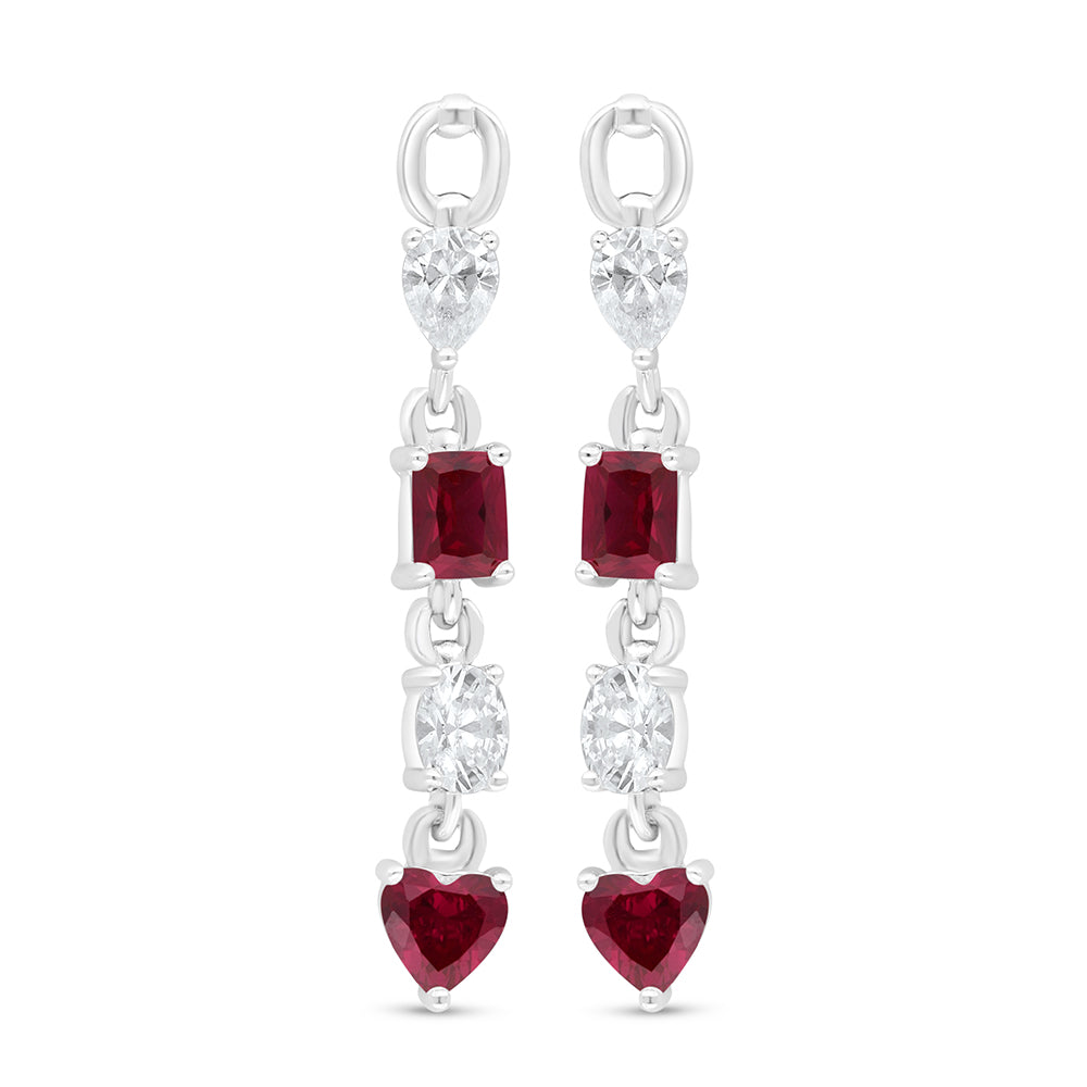 Sterling Silver 925 Earring Rhodium Plated Embedded With Ruby Corundum And White Zircon