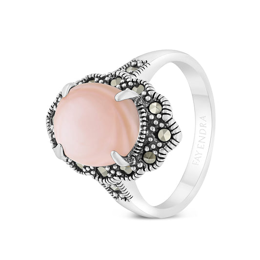 Sterling Silver 925 Ring Embedded With Natural Pink Shell And Marcasite Stones