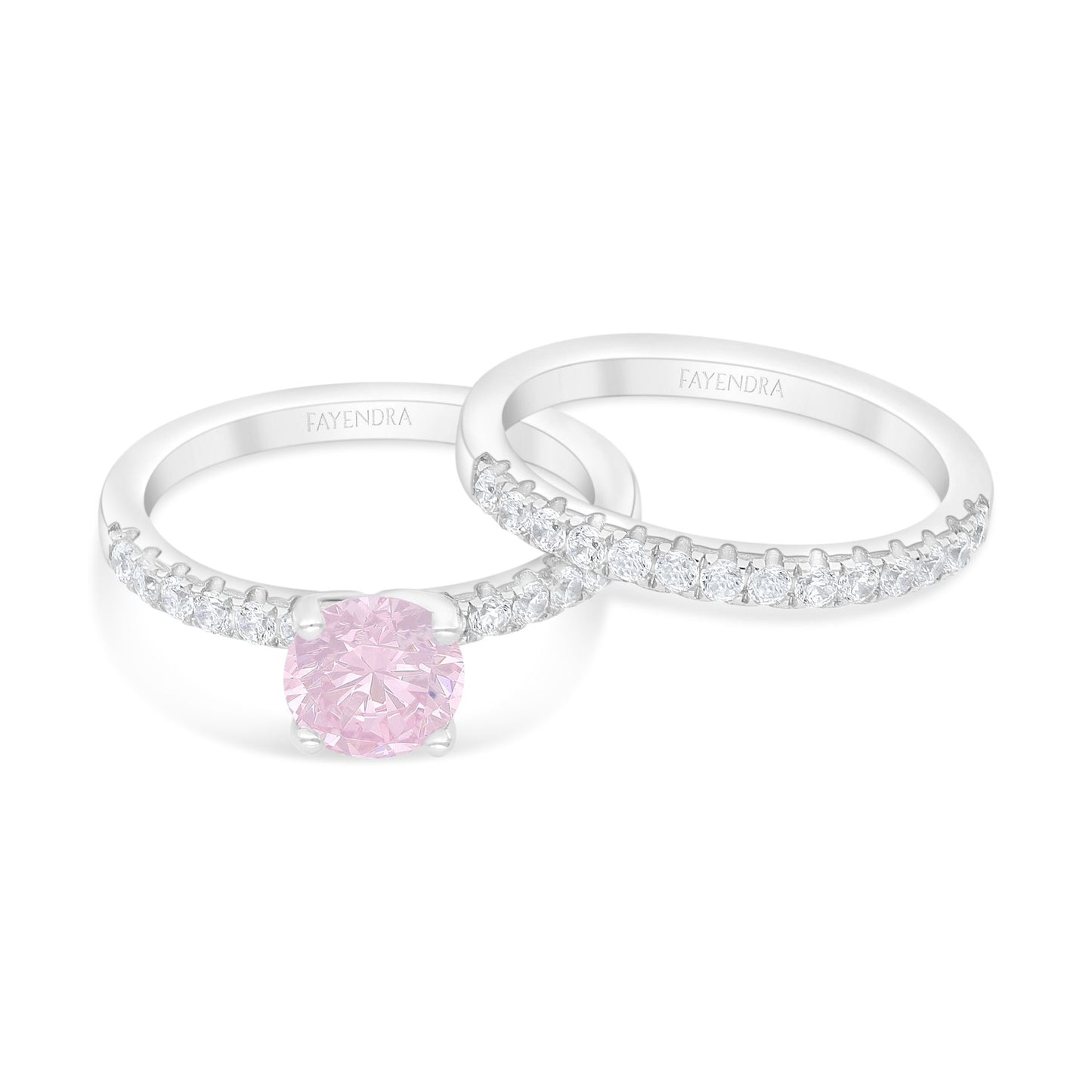 Sterling Silver 925 Ring (Twins) Rhodium Plated Embedded With Pink Zircon And White Zircon