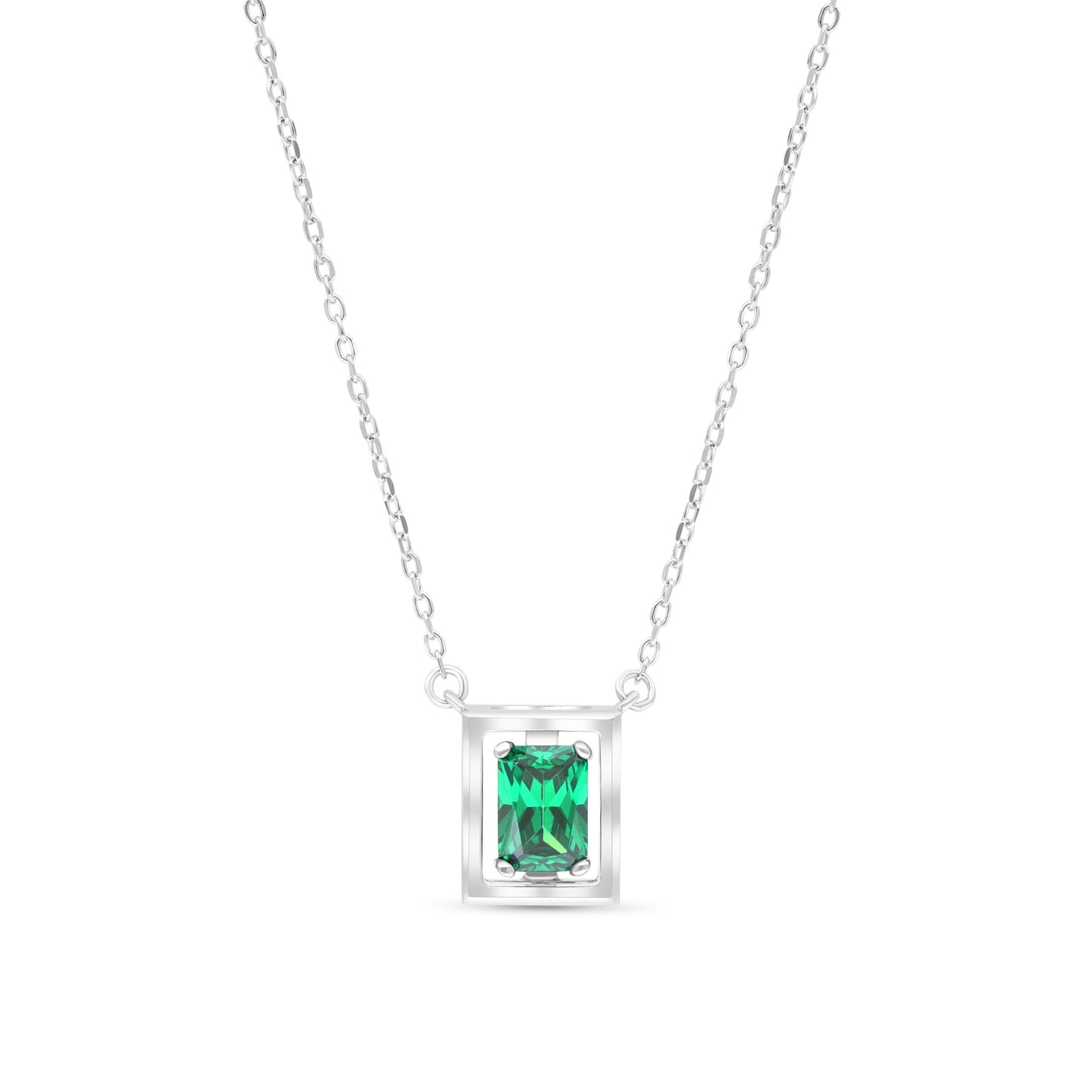 Sterling Silver 925 Necklace Rhodium Plated Embedded With Emerald Zircon