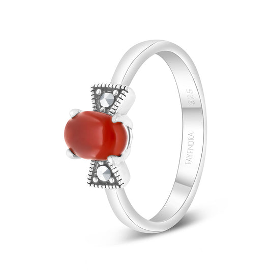 Sterling Silver 925 Ring Embedded With Natural Aqiq And Marcasite Stones