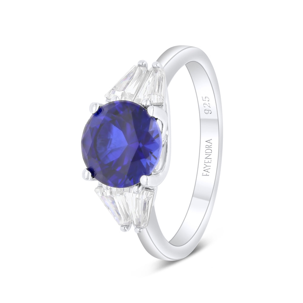 Sterling Silver 925 Ring Rhodium Plated Embedded With Sapphire Corundum