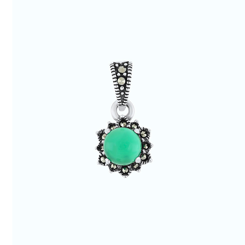 Sterling Silver 925 Pendant Embedded With Natural Green Agate And Marcasite Stones